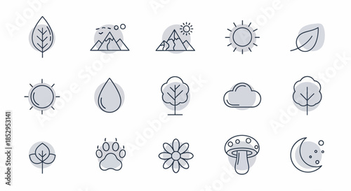 Nature Icons Set - Leaf, Mountain, Sun, Cloud, Tree, Flower, and Moon.