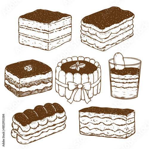 Set of various hand drawn sweet Tiramisu dessert outline drawing illustration