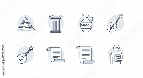 Ancient Civilizations Icons - Pyramid, Column, Vase, Lyre, Scroll, and Scholar.