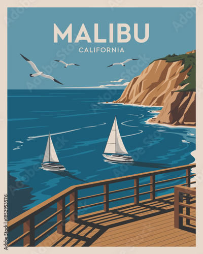 Malibu California beach poster landscape created as a vector illustration with minimalist style