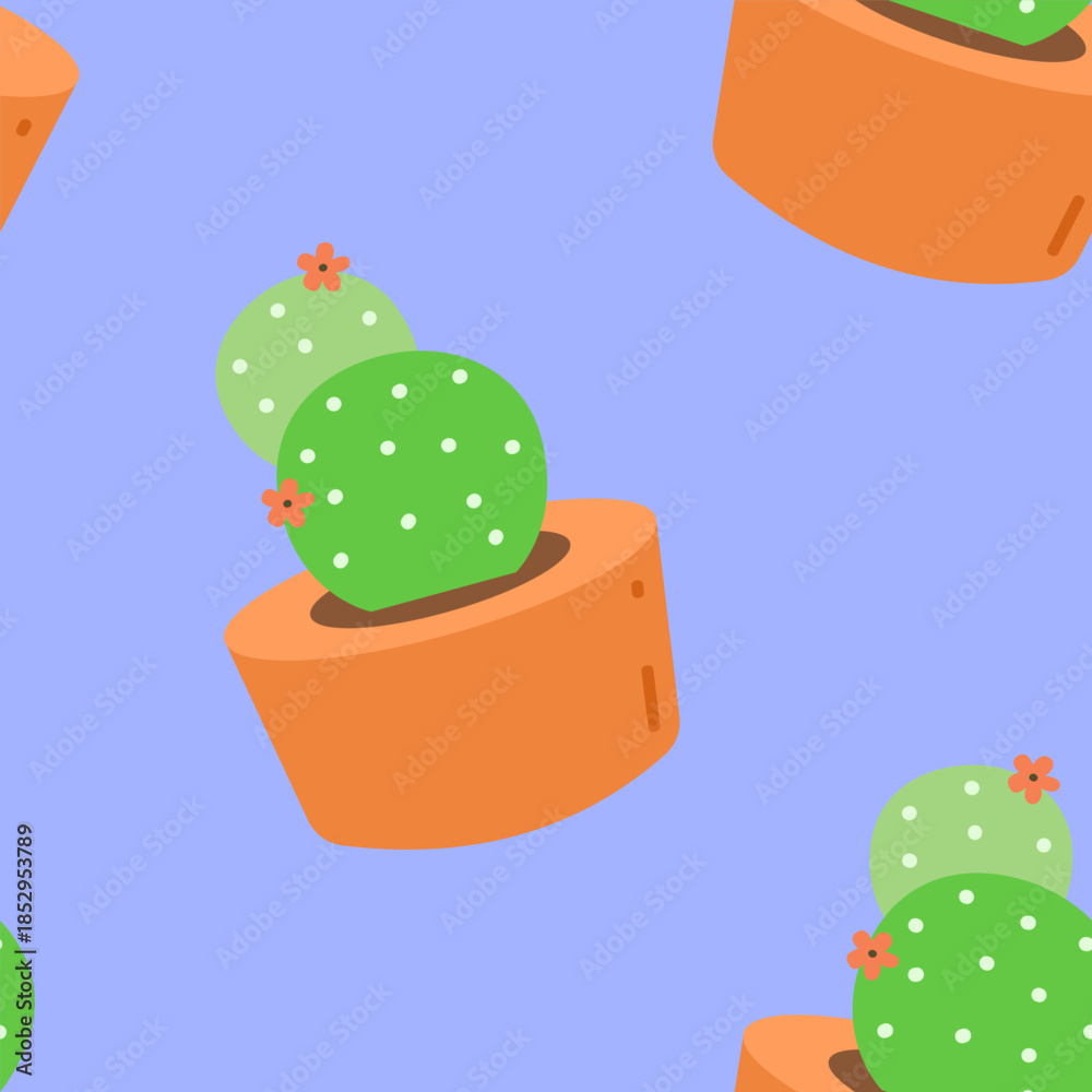Fototapeta premium Seamless Pattern Cute Cactus in Pots Flat Design on Purple Background