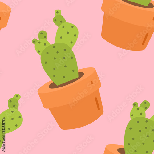 Seamless Pattern Cute Cactus in Pots Flat Design on Pink Background