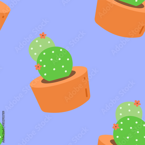 Seamless Pattern Cute Cactus in Pots Flat Design on Purple Background