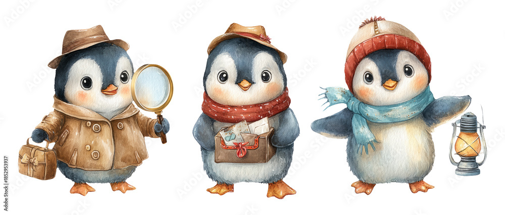 Fototapeta premium Whimsical Detective Penguins in Noir Style Watercolor Illustration