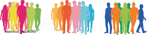 Colorful silhouette groups of diverse people representing unity, segmentation, community, diversity, population analysis, and social demographic illustration