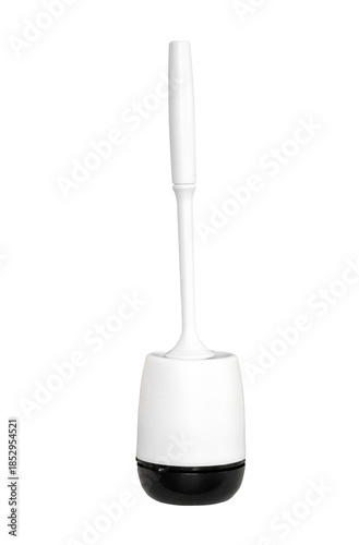 Modern white toilet brush with black base in holder isolated on transparent background