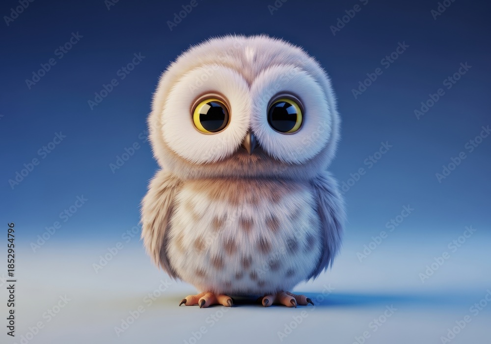 Obraz premium Cute and fluffy cartoon owl with large eyes and soft feathers on a gradient background