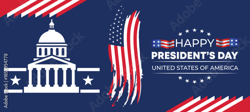 Happy Presidents Day Patriotic Banner with Capitol Building and American Flag Elements, USA National Holiday Vector Design