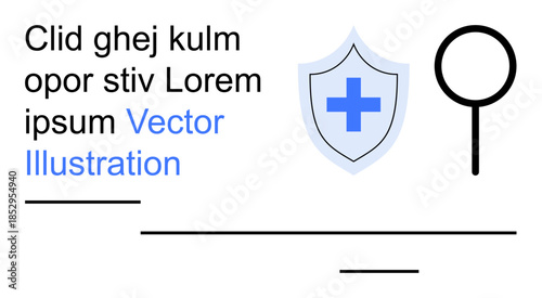 Healthcare, search, data analysis, medical protection, cybersecurity, online services. A shield with a plus symbol and a magnifying glass. Healthcare and search concept for medical protection