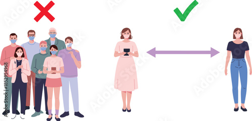 Correct and incorrect social distancing practices with people standing close and apart, masks, arrows, checkmark, and red cross illustration