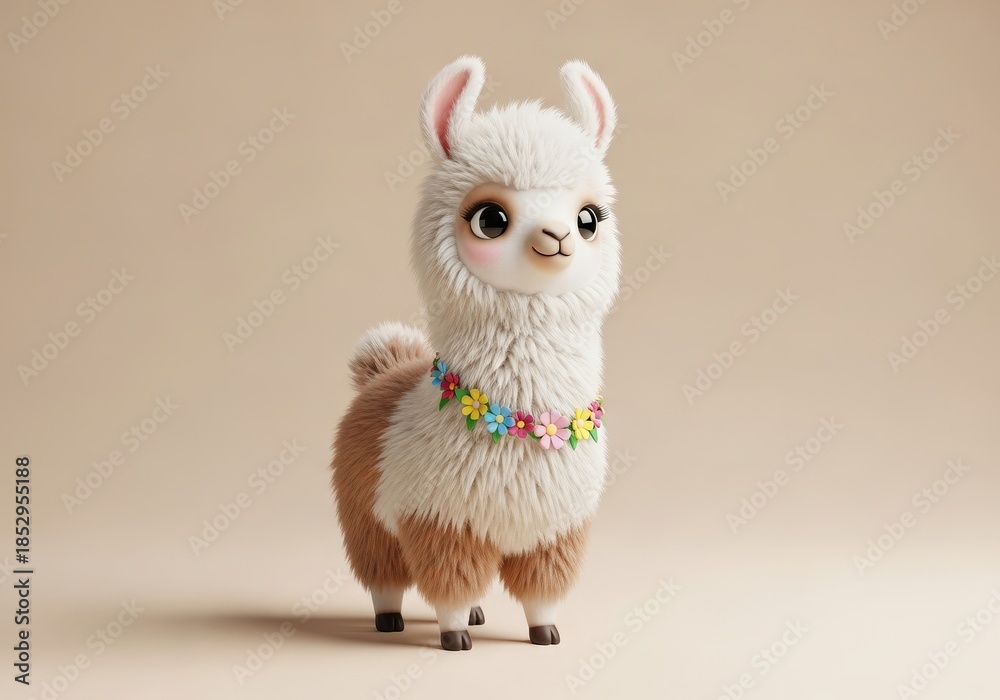 Naklejka premium Cute and Fluffy Cartoon Llama with Colorful Flower Necklace on Beige Background