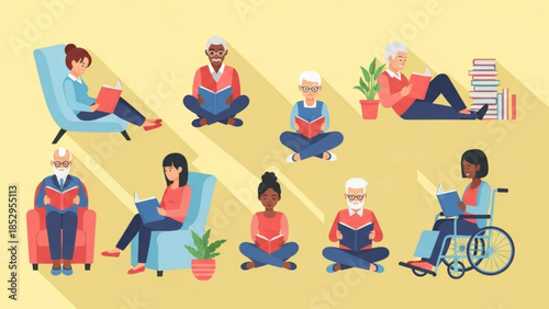 Diverse group of people reading books representing education and leisure flat vector illustration for lifestyle and knowledge concepts