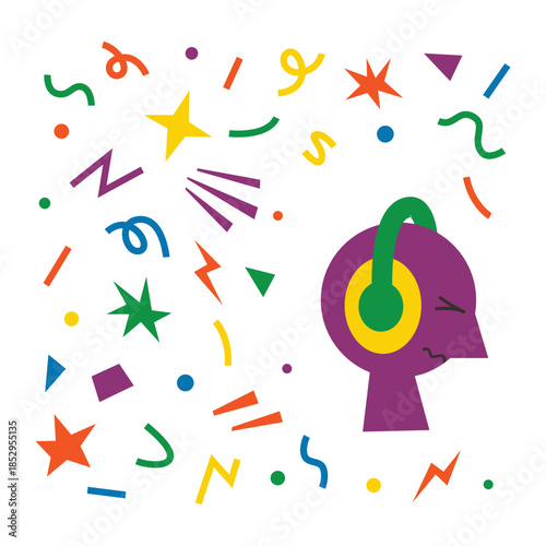 Head silhouette with headphones for sensory overload management. Self regulation, coping, relaxation for sensitive person. Neurodiversity spectrum concept. Mental health in overstimulating environment