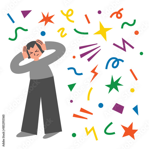 Person covers ears for sensory overload management. Self regulation, coping and relaxation. Neurodiversity spectrum concept. Mental health in overstimulating environment. Vector illustration.