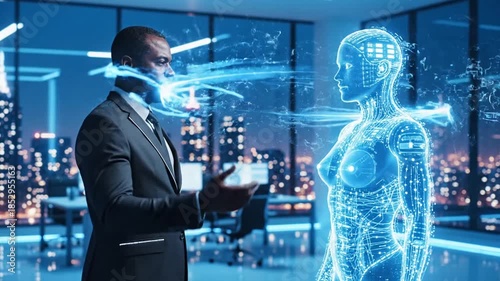 Futuristic AI Interaction in a High-Tech Office Environment with Digital Human