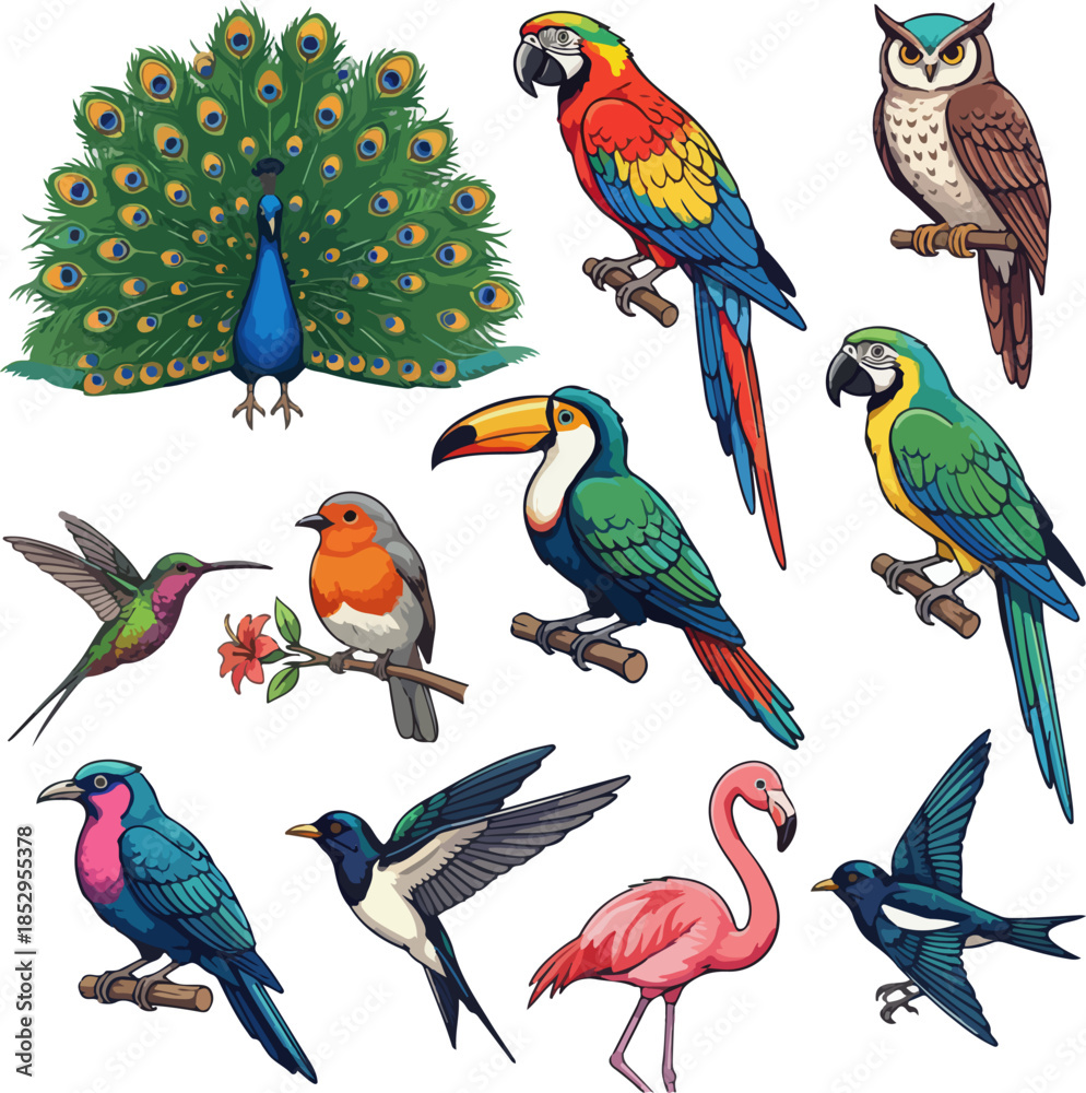 Obraz premium Twelve Colorful Birds Vector Collection