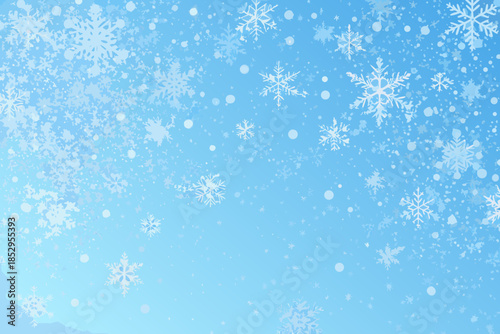 A serene blue background adorned with delicate white snowflakes falling gently