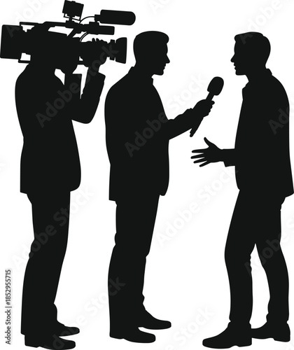 Journalist conducting television interview with microphone while cameraman records news reporting scene for broadcast media production silhouette vector illustration