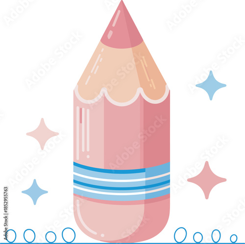 Vibrant pink pencil launching upwards surrounded by cute shimmering stars, creative drawing tool concept, artistic illustration for kids, design, stationery, and imagination theme.