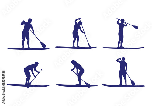 Various stand-up paddleboarding silhouettes demonstrating different paddling techniques and poses