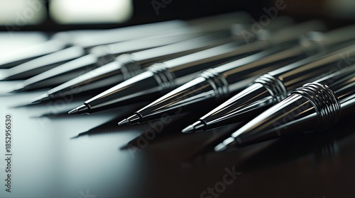 Sleek Silver Pens Aligned: Precision, Focus, and Reflective Surface