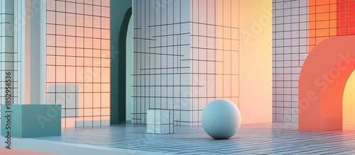 Soft Pastel Architectural Dreamscape with Geometric Forms and Black Grid Lines