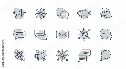 Communication Icons Set - Megaphone, Speech Bubbles, and Network Symbols.