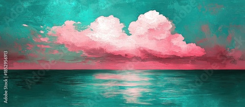 Surreal Seascape Painting with Luminous Pink Clouds Over a Calm Teal Ocean