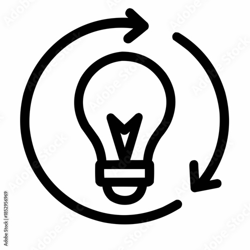 Line icon of a circle with arrows and lightbulb — cyclical innovation, black on white, square minimalist style