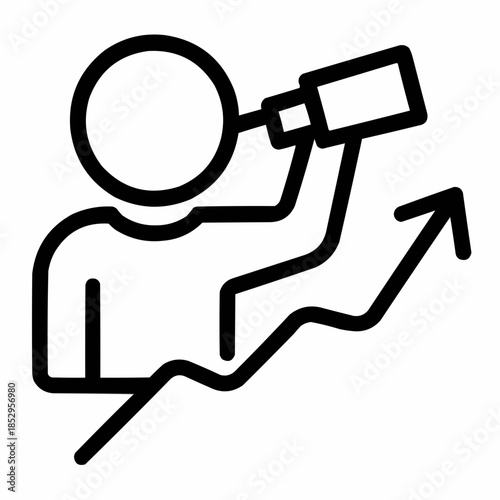 Line icon of a person with telescope and upward path — visionary change, black on white, square minimalist style