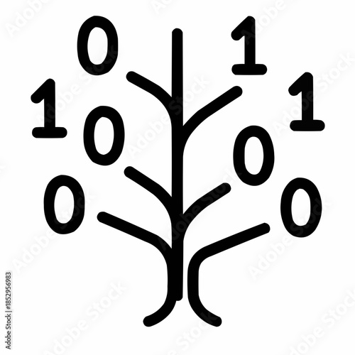 Line icon of a tree with binary leaves — tech-enabled growth, black on white, square minimalist style