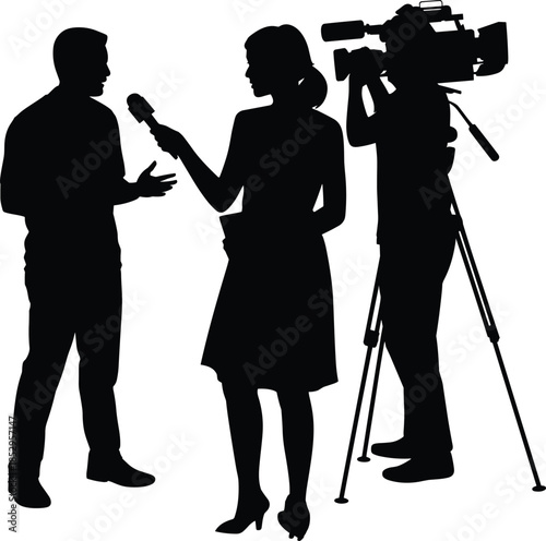 Journalist interviewing man with cameraman silhouette black vector illustration isolated on white background television news media reporting concept