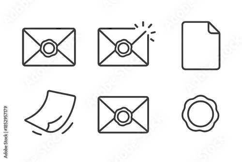 Silent Mail Icons. Line style icons of Silent Mail: unopened card, dim wax seal, glowing corner, folded page, drifting paper, pale