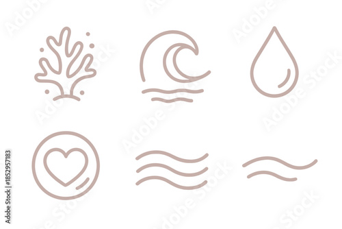 Deep Tenderness Icons. Line style icons of Deep Tenderness: glowing coral, curved tide, luminous drop, heart-shaped bubble, soft