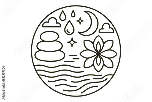 Silent Reflections Icons. Line style vector icons of Silent Reflections: glass stones, dew drops, mirrored petals, crescent moon,