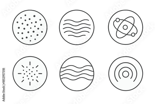 Abstract Particle Motion. Line style vector icons of Silent Particles: abstract grains, wind motion, orbiting dots, glowing fields