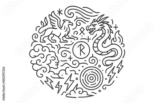 Mythic Energy Icons. Line style vector icons of Wired Tales: mythic beasts, energy flows, glowing runes, cloud spirits, lightning