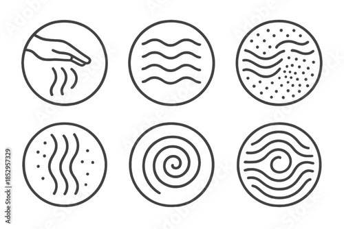 Invisible Force Icons. Line style vector icons of Hidden Sensation: invisible force, air ripples, subtle patterns, soft currents,
