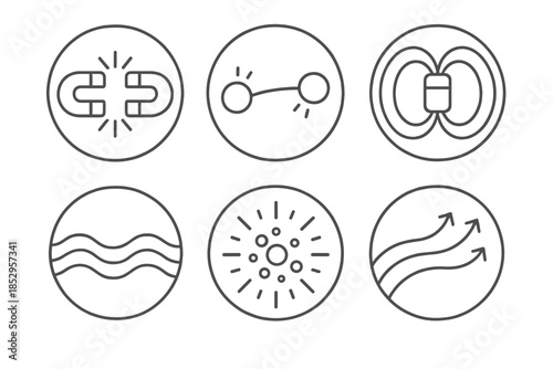 Warm Polarity Icons. Line style vector icons of Warm Polarity: magnetic halves, glowing connections, field arcs, smooth waves,