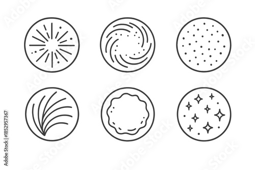 Radiant Surface Icons. Line style vector icons of Radiant Surface: light fragments, circular flow, flickering dust, curved veins,
