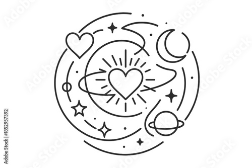 Celestial Connection Icons. Line style vector icons of Celestial Connection: curved orbits, radiant hearts, glowing moons, energy
