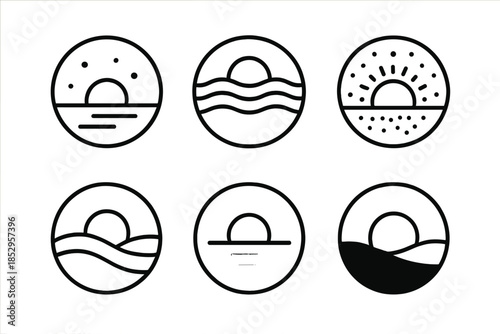 Buried Sunsets Icons. Line style vector icons of Buried Sunsets: sinking suns, layered horizons, glowing dust, curved waves,