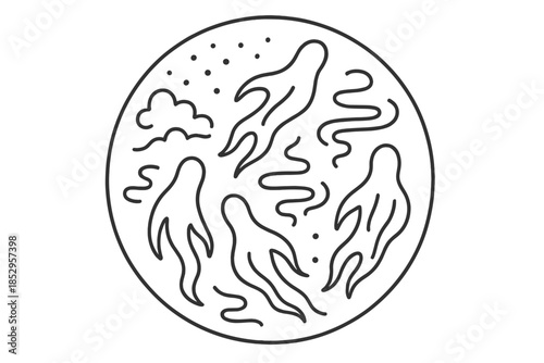 Restless Shadows Icons. Line style vector icons of Restless Shadows: curved figures, glowing dust, soft fog, floating trails,