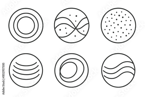 Resonant Steel Icons. Line style vector icons of Resonant Steel: harmonic rings, curved paths, glowing dust, metallic tones,