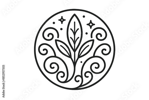 Iron Garden Icons. Line style vector icons of Iron Garden: radiant leaves, curved metal, glowing dust, steel vines, harmonic