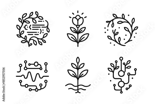 Algorithmic Flora Icons. Line style vector icons of Algorithmic Flora: code vines, luminous blooms, curved branches, glowing dust,