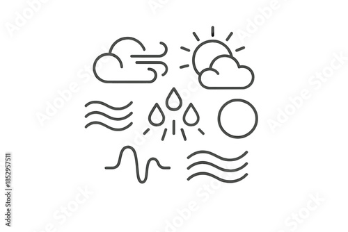 Atmospheric Vector Icons. Line style vector icons of Atmospheric Speech: curved clouds, radiant lines, glowing drops, wave trails,