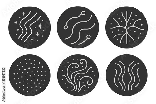 Electric Ink Elegance. Line style vector icons of Electric Ink: glowing streams, curved circuits, neural energy, radiant dots, ink
