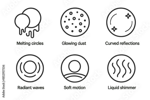Glass Heat Icons. Line style vector icons of Glass Heat: melting circles, glowing dust, curved reflections, radiant waves, soft