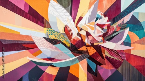 Vibrant Abstract Geometric Floral Explosion with Textured Layers and Dynamic Color Radiance